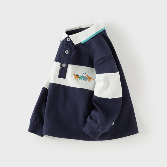 Dave&Bella Toddler Boys Navy Blue Formal Long Sleeve Cotton Polos