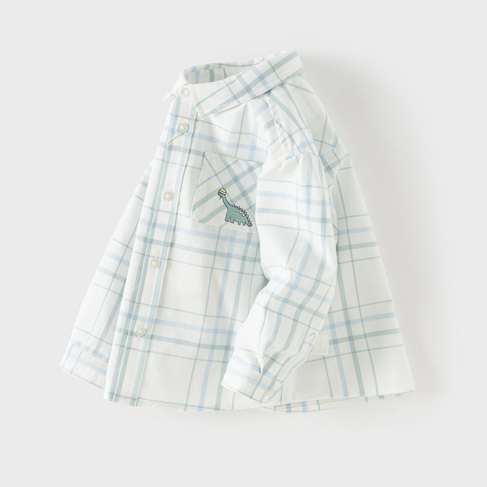 Dave&Bella Toddler Boys Green Plaid Playful Dinosaur Long Sleeve Soft Cotton Shirts