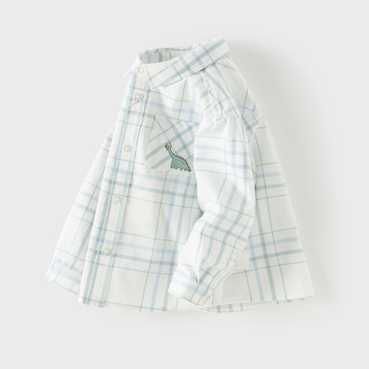 Dave&Bella Toddler Boys Green Plaid Playful Dinosaur Long Sleeve Soft Cotton Shirts