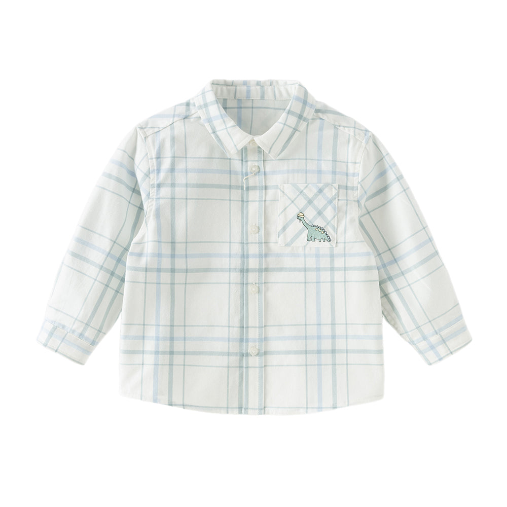 Dave&Bella Toddler Boys Green Plaid Playful Dinosaur Long Sleeve Soft Cotton Shirts
