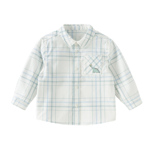 Dave&Bella Toddler Boys Green Plaid Playful Dinosaur Long Sleeve Soft Cotton Shirts