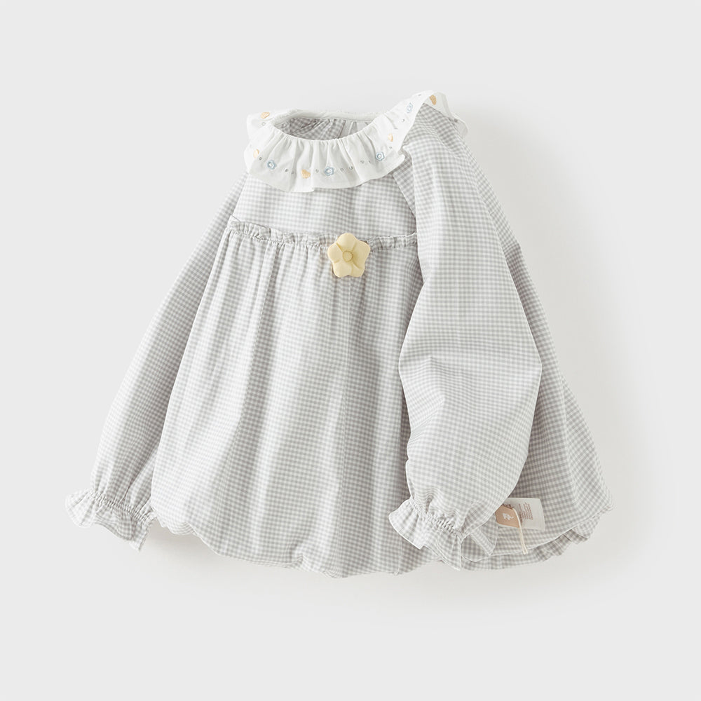 Dave&Bella Toddler Girls Casual Classic Grey White Plaid Long Sleeve Cotton Shirt Tops