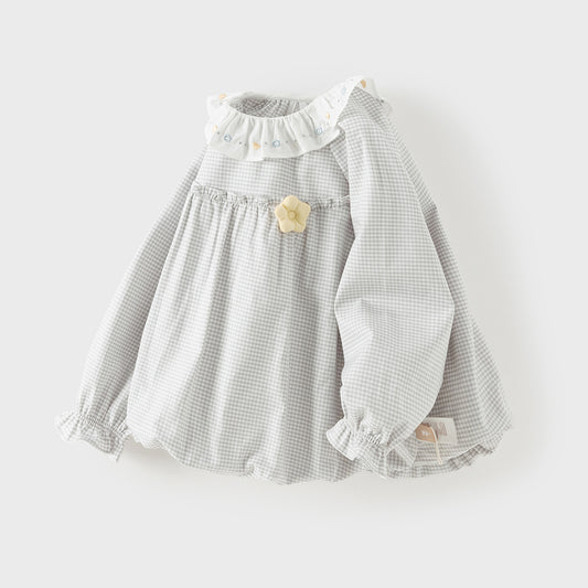 Dave&Bella Toddler Girls Casual Classic Grey White Plaid Long Sleeve Cotton Shirt Tops