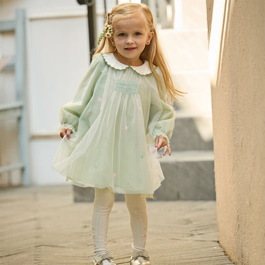 Dave&Bella Toddler Girls Cute Grass Green Long Sleeve Mesh Princess Dress