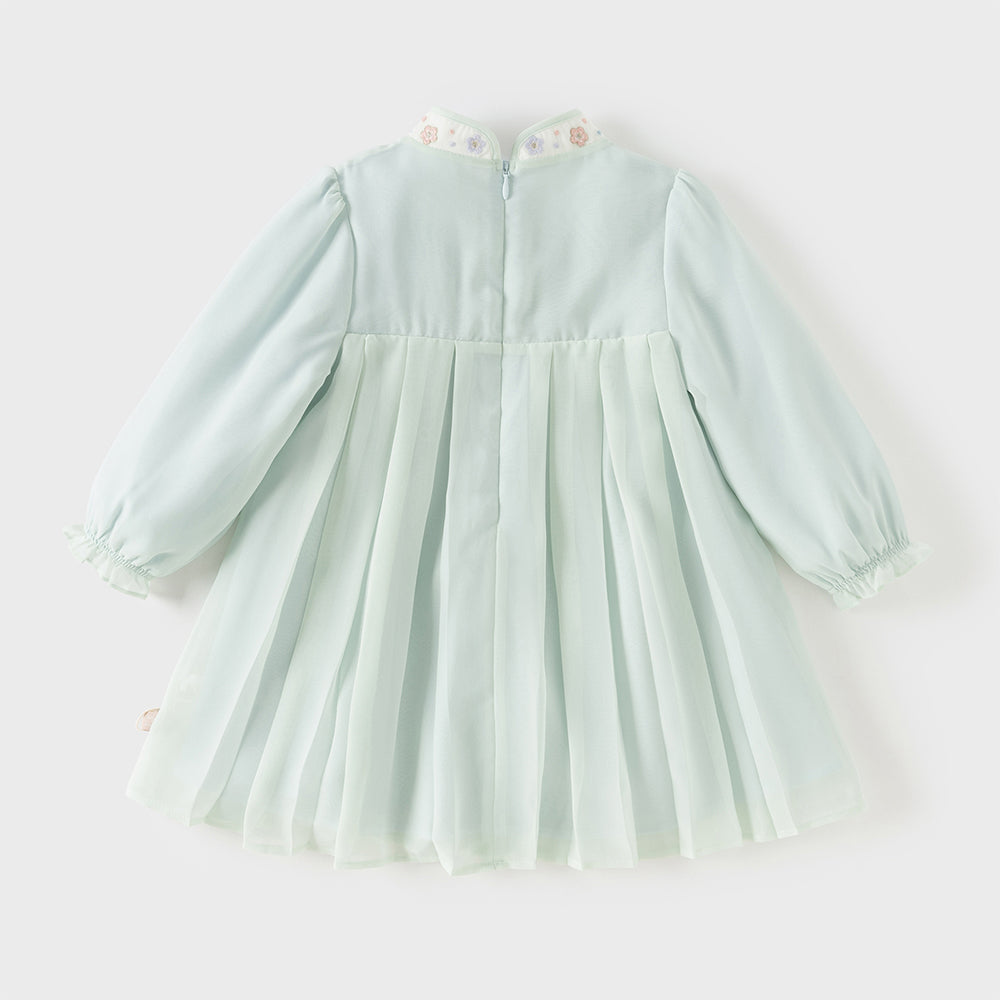 Dave&Bella Toddler Girls Classic Green Chinese-style Flower Embroidery Mesh Dress