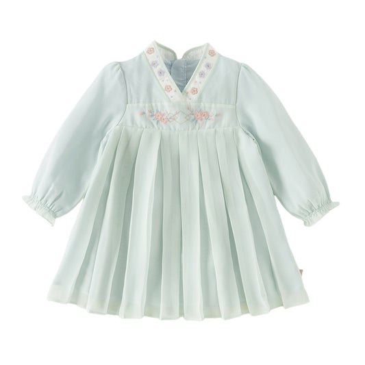 Dave&Bella Toddler Girls Classic Green Chinese-style Flower Embroidery Mesh Dress