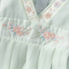 Dave&Bella Toddler Girls Classic Green Chinese-style Flower Embroidery Mesh Dress