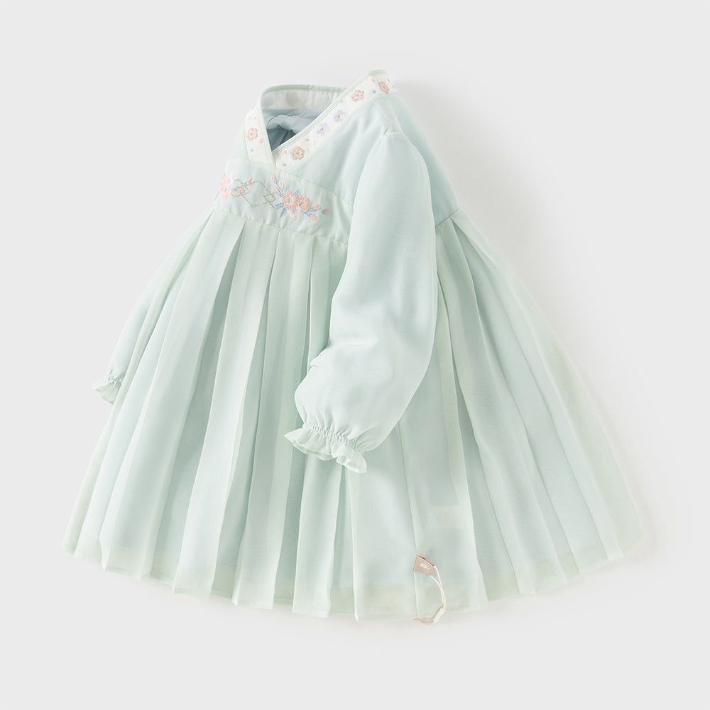 Dave&Bella Toddler Girls Classic Green Chinese-style Flower Embroidery Mesh Dress