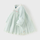 Dave&Bella Toddler Girls Classic Green Chinese-style Flower Embroidery Mesh Dress