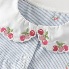 Dave&Bella Toddler Girls Summer Fashion Striped Cherry Embroidery Lightweight Shirts