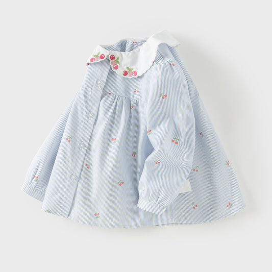 Dave&Bella Toddler Girls Summer Fashion Striped Cherry Embroidery Lightweight Shirts