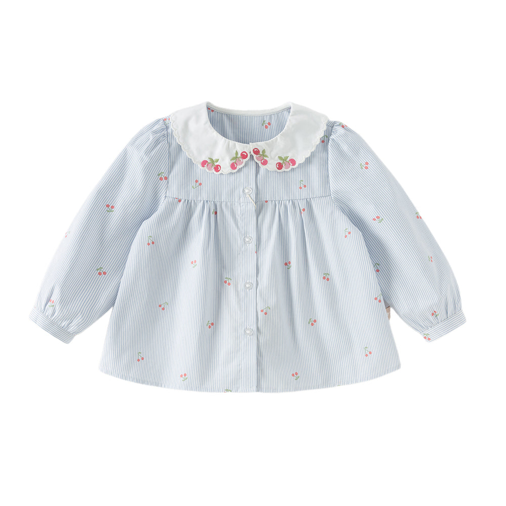 Dave&Bella Toddler Girls Summer Fashion Striped Cherry Embroidery Lightweight Shirts