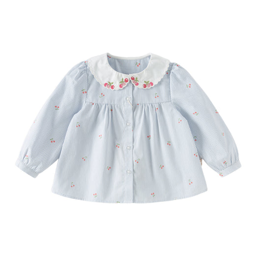 Dave&Bella Toddler Girls Summer Fashion Striped Cherry Embroidery Lightweight Shirts