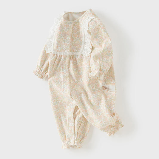 Dave&Bella Baby Girls Summer Cute Floral Print Long Sleeve Cotton Breathable Rompers