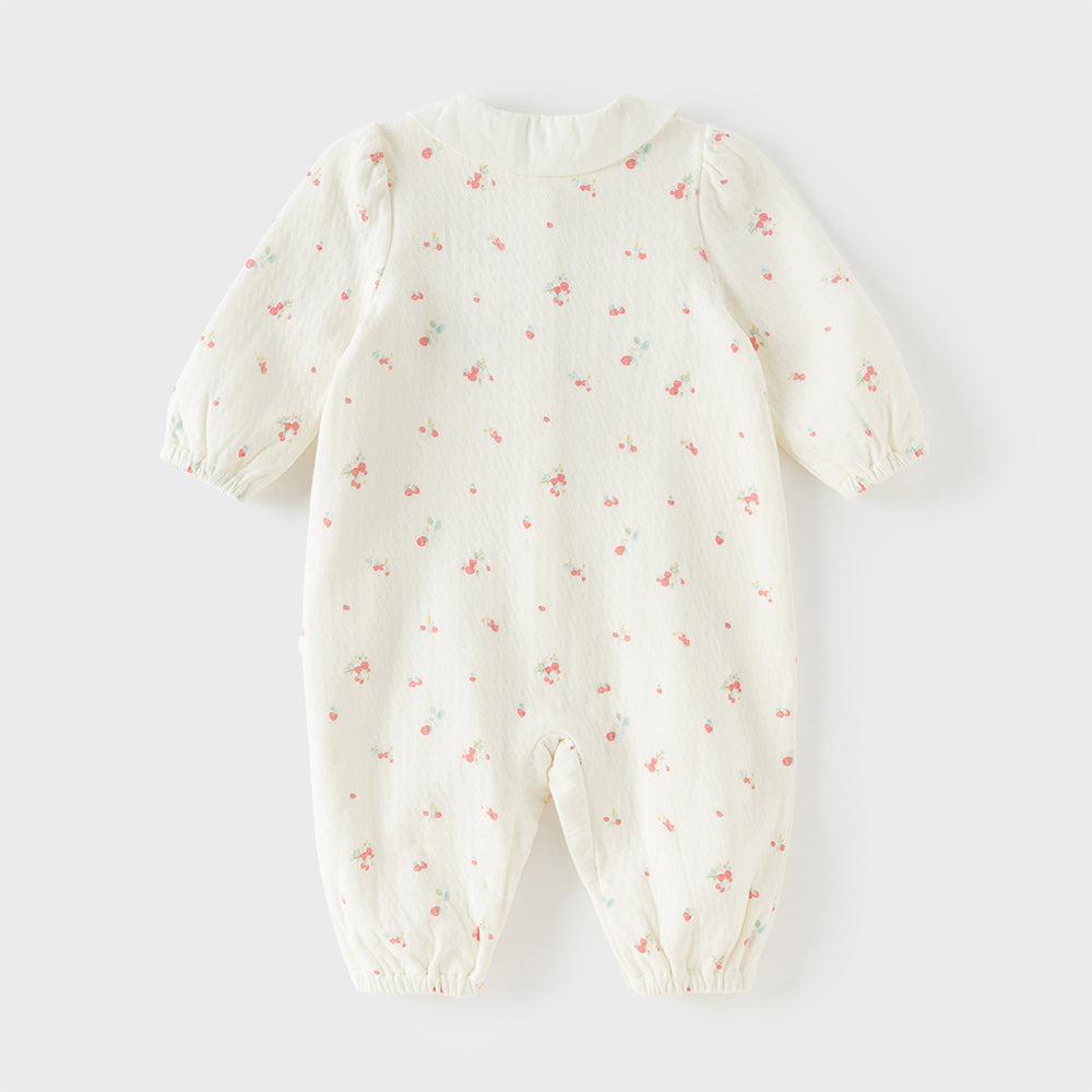Dave&Bella Baby Girls Beige Bow Print Doll Collar Breathable Cotton Soft Rompers