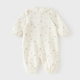 Dave&Bella Baby Girls Beige Bow Print Doll Collar Breathable Cotton Soft Rompers