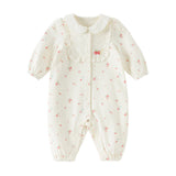 Dave&Bella Baby Girls Beige Bow Print Doll Collar Breathable Cotton Soft Rompers