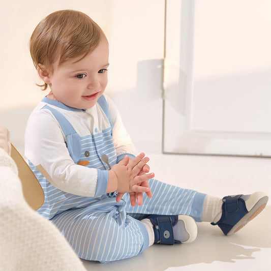 Dave&Bella Baby Boys Stylish Blue White Striped Cute Puppy Soft Cotton Rompers