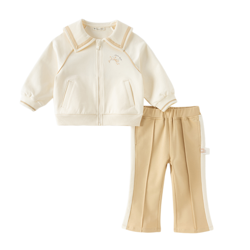 Dave&Bella Toddler Girls Beige Preppy-Style Sailor Collar Cozy Pant Suits