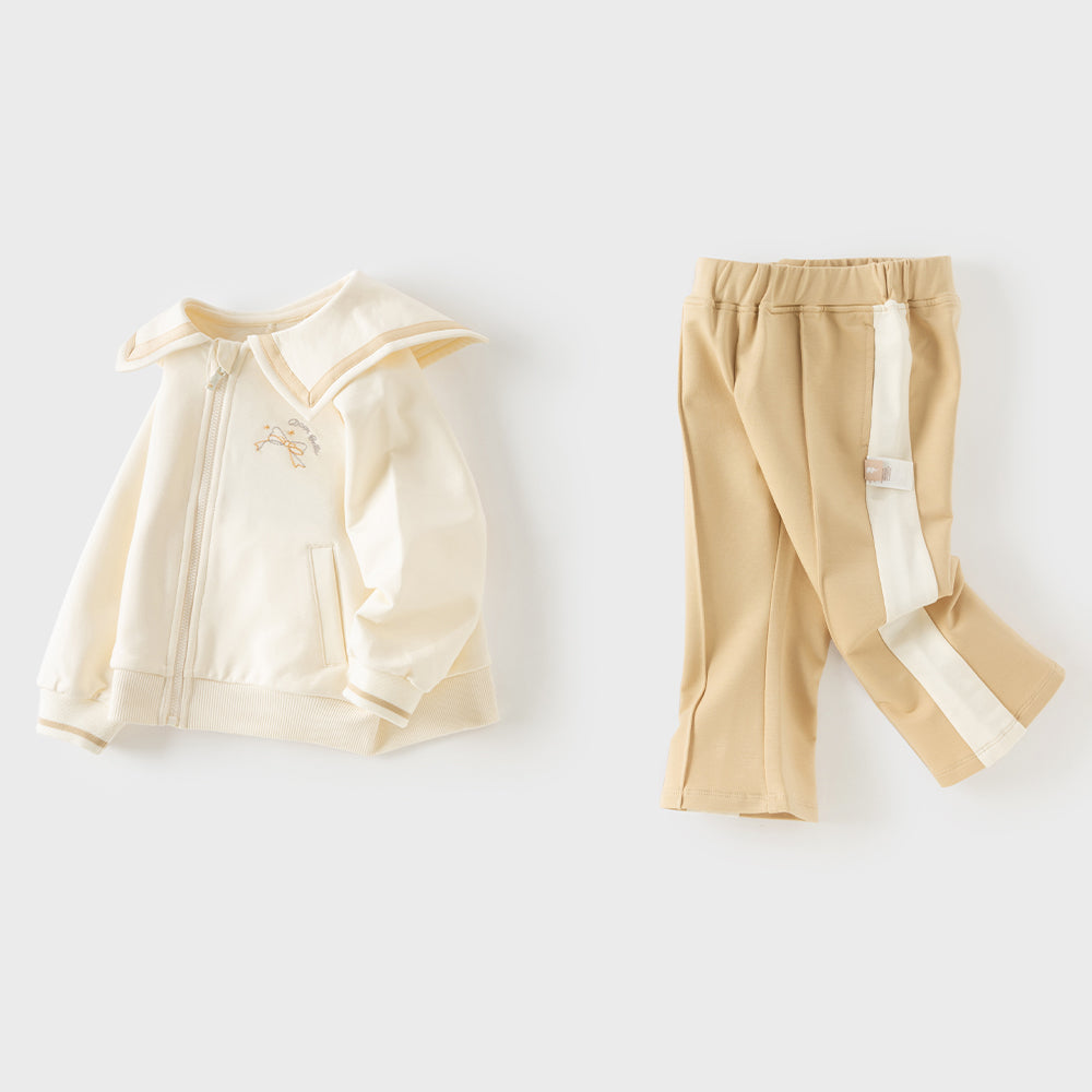 Dave&Bella Toddler Girls Beige Preppy-Style Sailor Collar Cozy Pant Suits