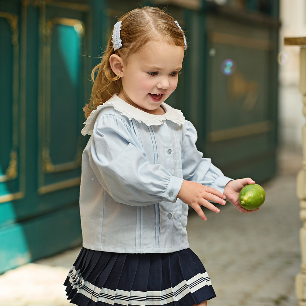 Dave&Bella Toddler Girls Light Blue Doll Collar Long Sleeve College-style Top Skirt Suits