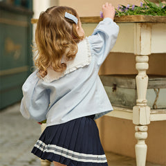 Dave&Bella Toddler Girls Light Blue Doll Collar Long Sleeve College-style Top Skirt Suits