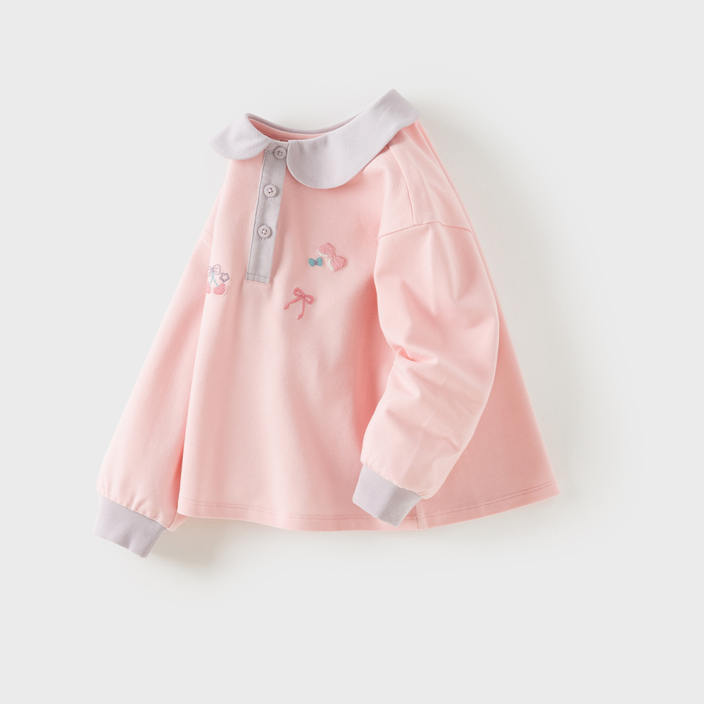 Dave&Bella Toddler Girls Pink Polo Collar Cute Embroidery Daily Comfortable Polos