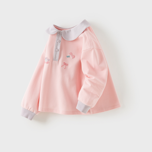 Dave&Bella Toddler Girls Pink Polo Collar Cute Embroidery Daily Comfortable Polos