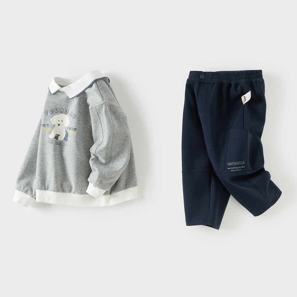 Dave&Bella Toddler Boys Light Grey Dog Print Long Sleeve Top Pant Suits