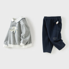 Dave&Bella Toddler Boys Light Grey Dog Print Long Sleeve Top Pant Suits