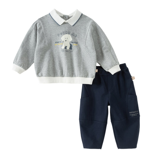 Dave&Bella Toddler Boys Light Grey Dog Print Long Sleeve Top Pant Suits
