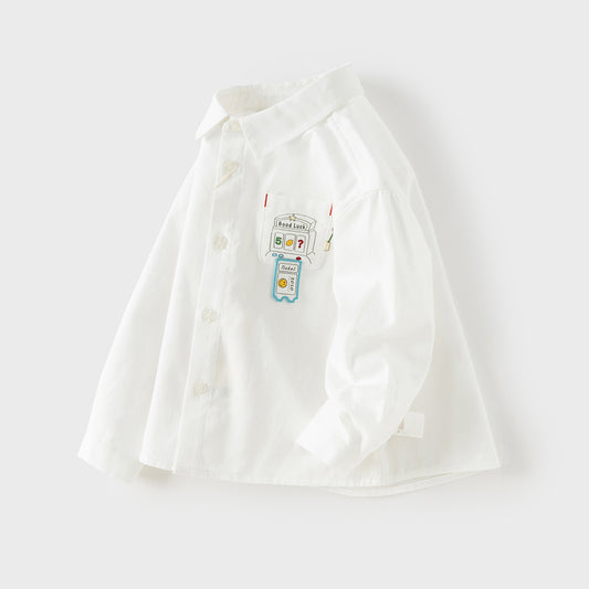 Dave&Bella Toddler Boys Gentle White Long Sleeve College-style Cotton Soft Shirt Tops