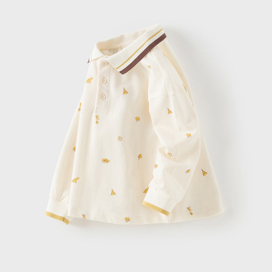 Dave&Bella Toddler Boys Casual Apricot Print Long Sleeve Formal Polos