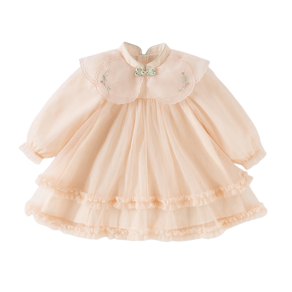 Dave&Bella Toddler Girls Charming Orange Chinese-style Embroidery A-line Mesh Dress