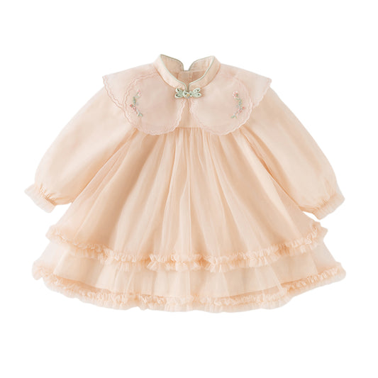 Dave&Bella Toddler Girls Charming Orange Chinese-style Embroidery A-line Mesh Dress