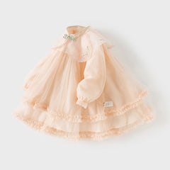 Dave&Bella Toddler Girls Charming Orange Chinese-style Embroidery A-line Mesh Dress