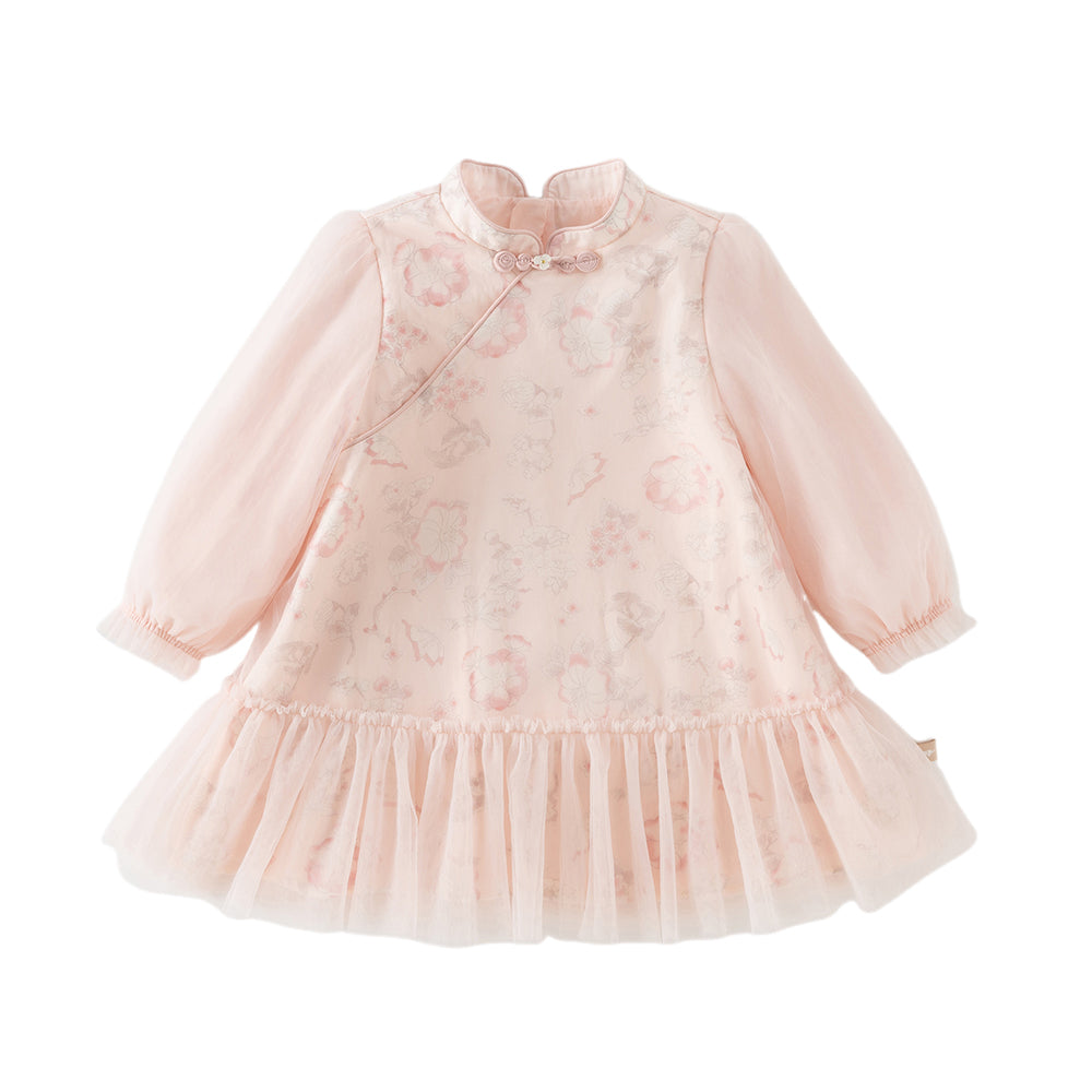 Dave&Bella Toddler Girls Chinese-style Pink Floral Print Turtle Mesh Birthday Dress