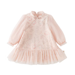 Dave&Bella Toddler Girls Chinese-style Pink Floral Print Turtle Mesh Birthday Dress