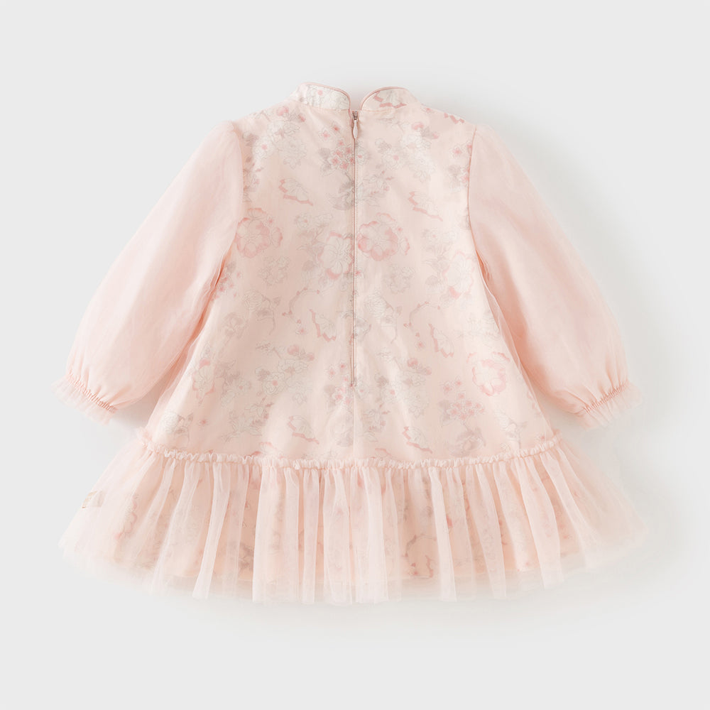 Dave&Bella Toddler Girls Chinese-style Pink Floral Print Turtle Mesh Birthday Dress