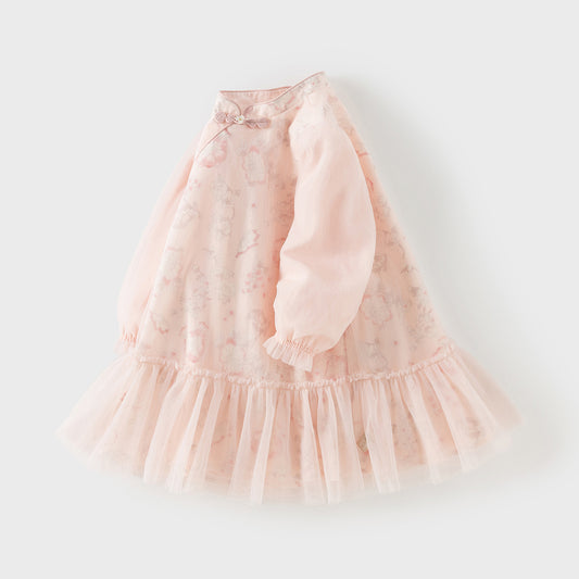 Dave&Bella Toddler Girls Chinese-style Pink Floral Print Turtle Mesh Birthday Dress