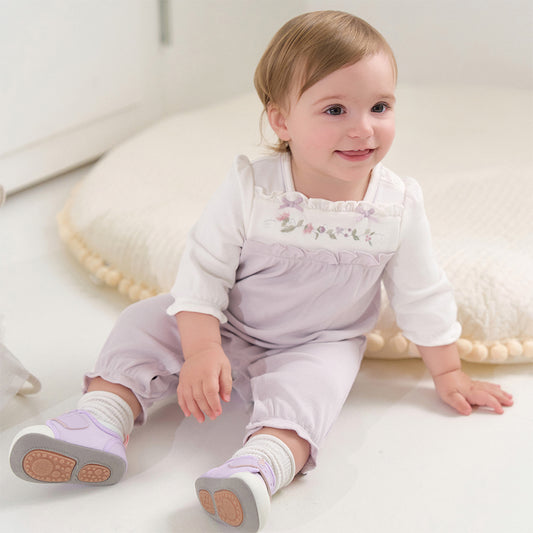 Dave&Bella Baby Girls Grey Purple Flower Embroidery Indoor Lightweight Rompers