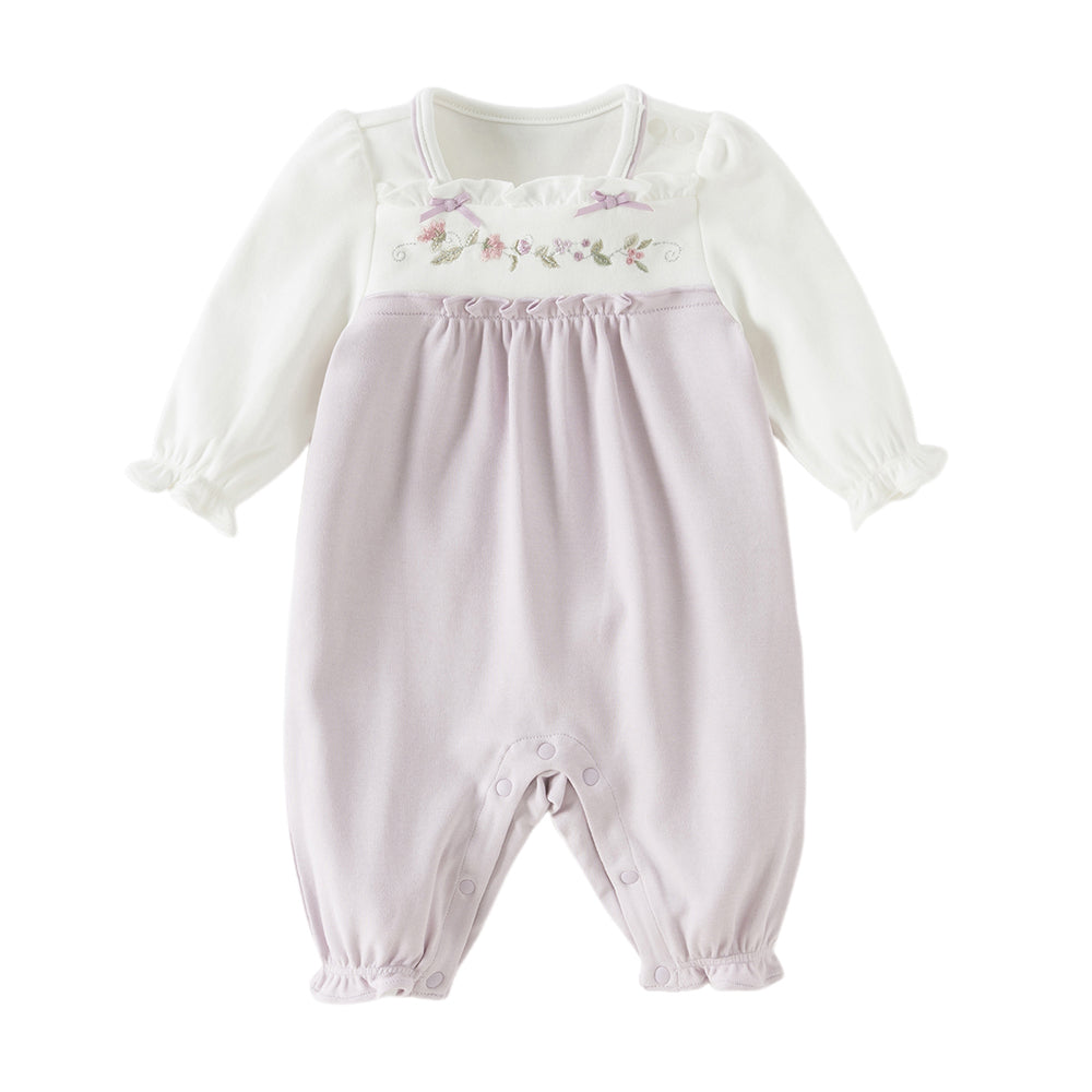 Dave&Bella Baby Girls Grey Purple Flower Embroidery Indoor Lightweight Rompers