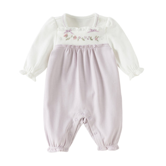 Dave&Bella Baby Girls Grey Purple Flower Embroidery Indoor Lightweight Rompers