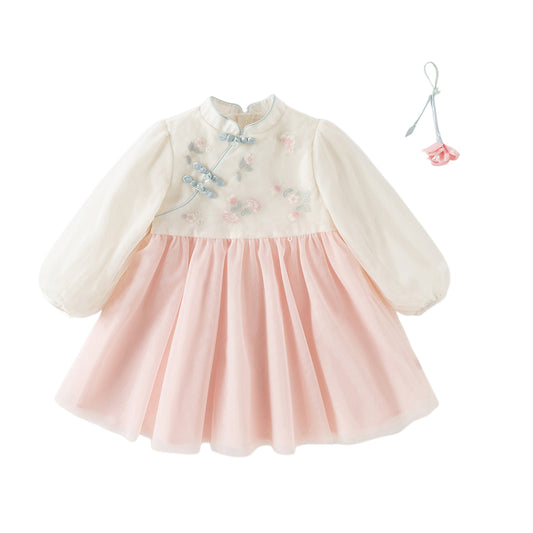 Dave&Bella Toddler Girls Chinese-style Pink Turtle Flower Embroidery Mesh A-line Dress