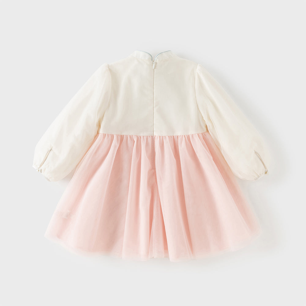 Dave&Bella Toddler Girls Chinese-style Pink Turtle Flower Embroidery Mesh A-line Dress