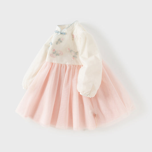 Dave&Bella Toddler Girls Chinese-style Pink Turtle Flower Embroidery Mesh A-line Dress