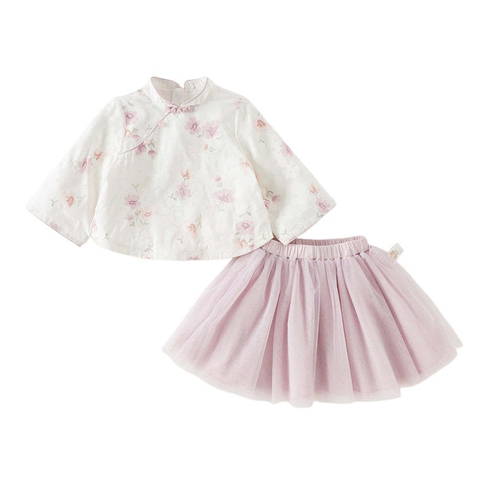 Dave&Bella Toddler Girls Purple Pink Floral Print Chinese-style Turtle Top Mesh Skirt Suits