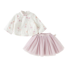 Dave&Bella Toddler Girls Purple Pink Floral Print Chinese-style Turtle Top Mesh Skirt Suits