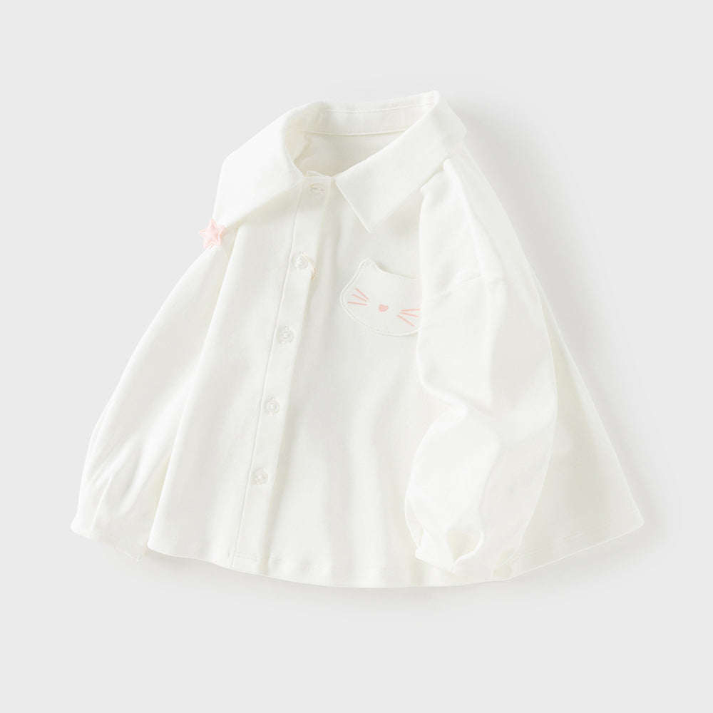 Dave&Bella Toddler Girls White Fashion Turndown-collar Comfortable Cotton Casual Shirts
