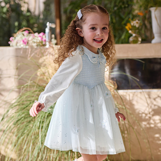 Dave&Bella Toddler Girls Elegant Sky Blue Long Sleeve Princess Birthday Mesh Dress